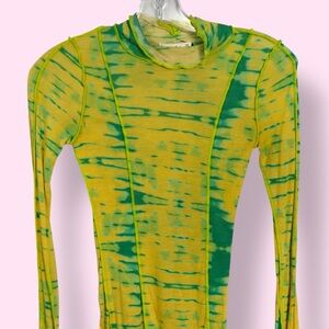 Wilfred Aritzia Tie Dye Fitted Long Sleeve Top Green Yellow XXS Stretch